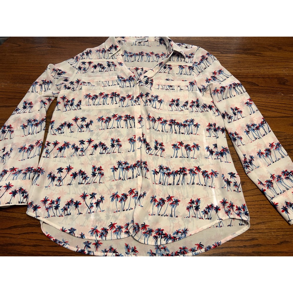 Express The Portofino Shirt Womens Lg White Palm Tree Tropical Button Up Blouse